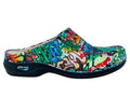 A single slip-on clog shoe featuring a vibrant, multicolored graffiti-style print on the upper, with a solid black sole.