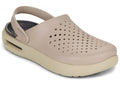 A single light beige perforated clog-style sandal with a thick cream sole and a dark gray footbed, shown on a white background.