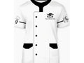 White chef coat with black accents and branding on a white background