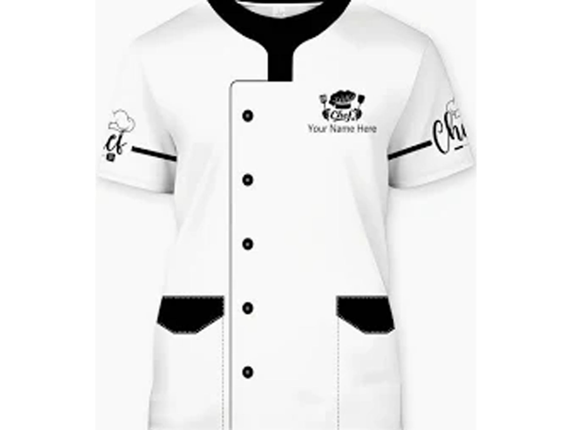 White chef coat with black accents and branding on a white background