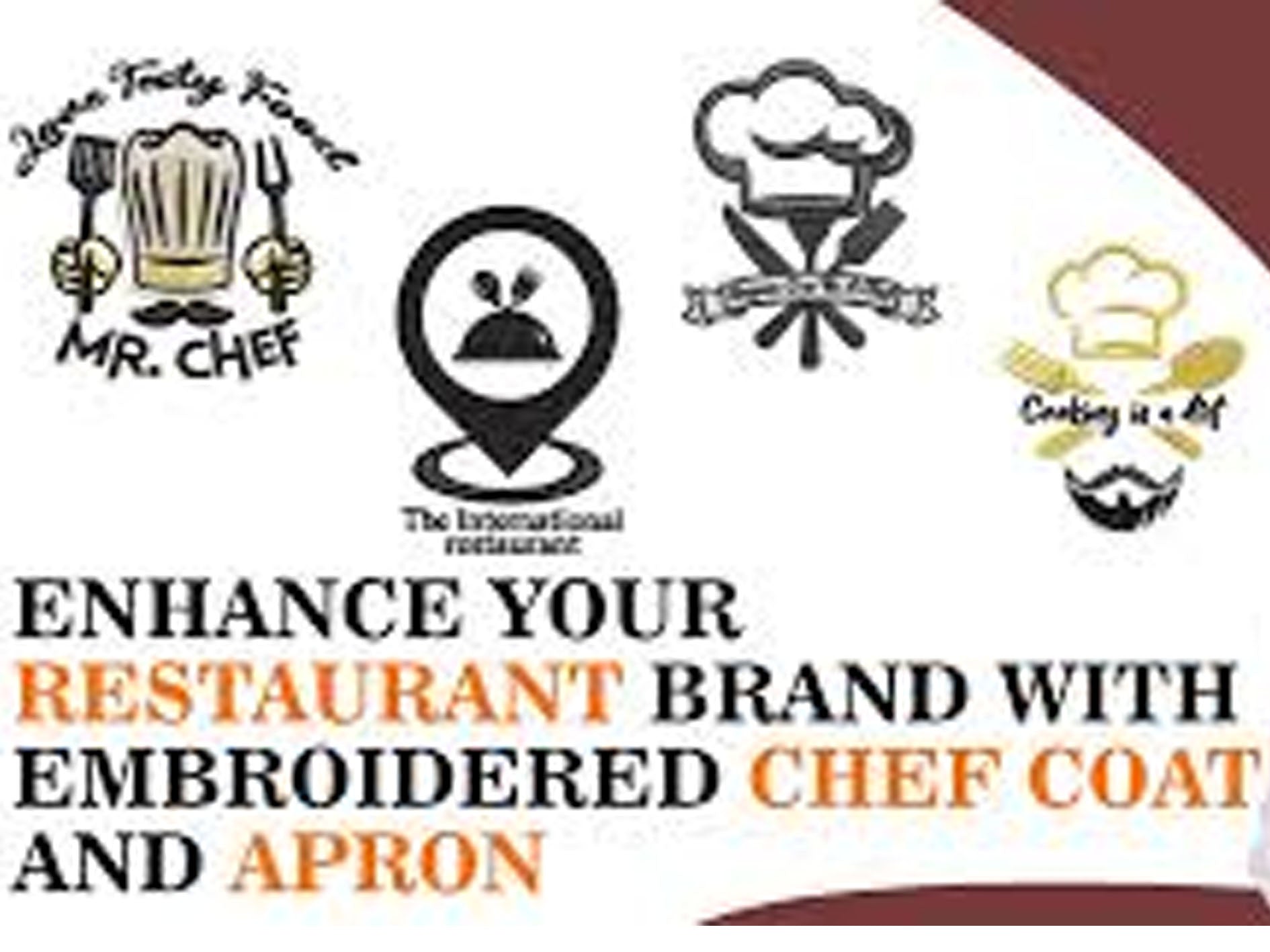 Promotional graphic for embroidered chef coat and apron with restaurant logos and text.