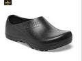Black clog shoe on a white background with 'Wardrobe' branding.