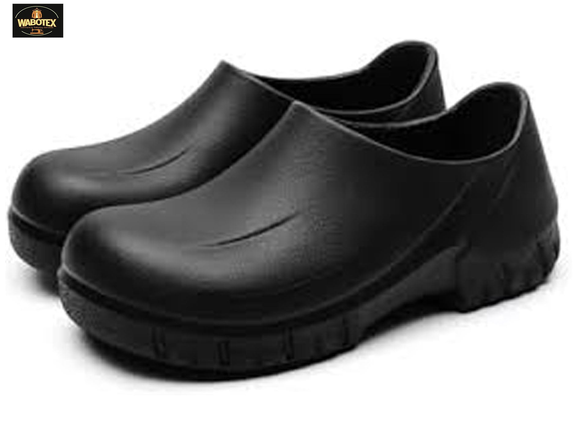Pair of black rubber shoes on a white background with WABOTEX branding.