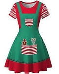 Green and red dress with gingerbread design on a white background