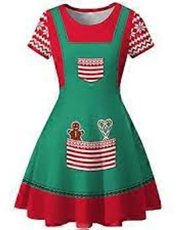 Green and red dress with gingerbread design on a white background