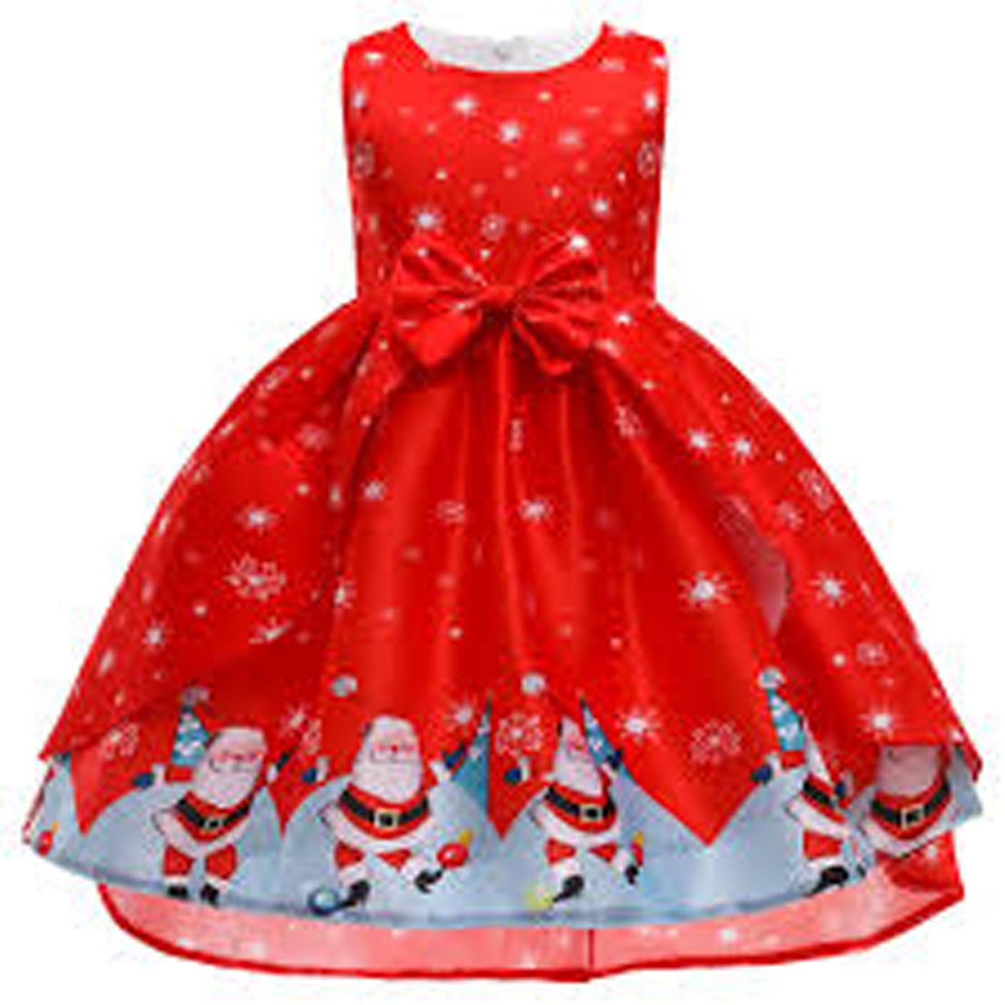 Red Christmas dress with Santa Claus print and a large bow on a white background