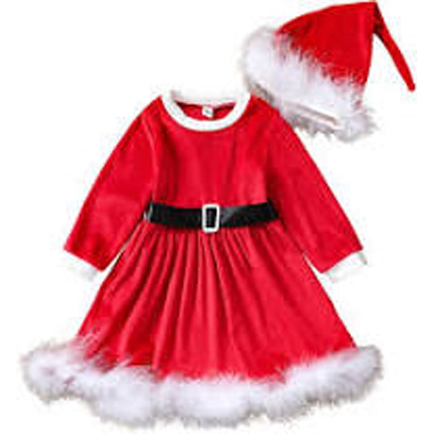 Red Santa dress with white fur trim and matching hat on a white background