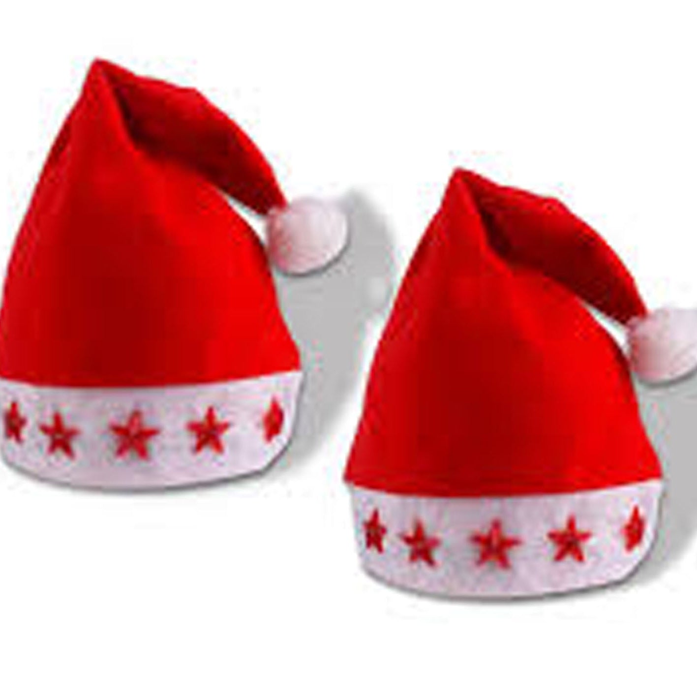 Two red Santa hats with white trim and red stars on a white background