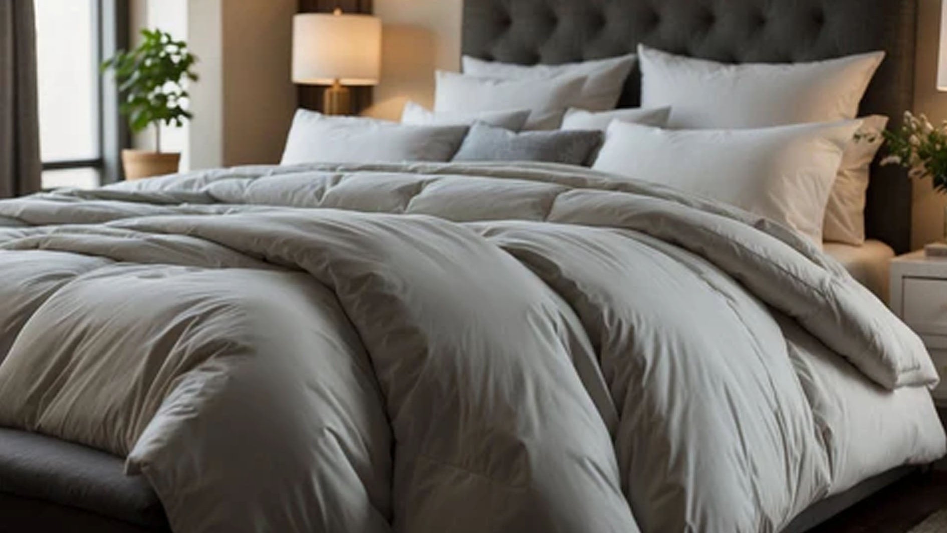 Gray comforter on a bed with pillows in a bedroom setting