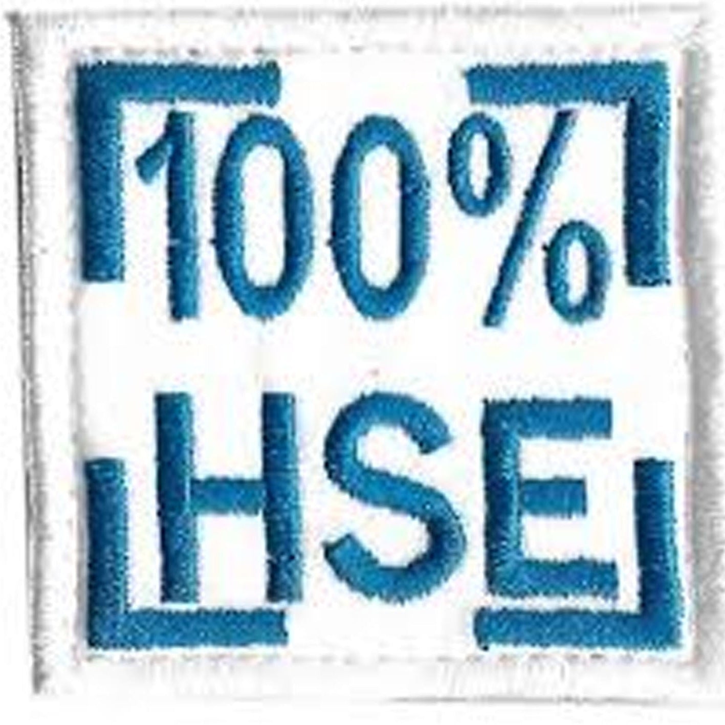Patch with '100% HSE' text in blue on a white background