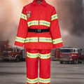 Red fireman's uniform with reflective stripes on a white background