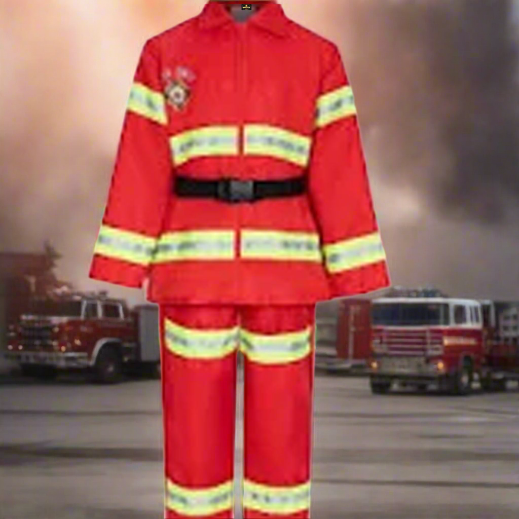 Red fireman's uniform with reflective stripes on a white background