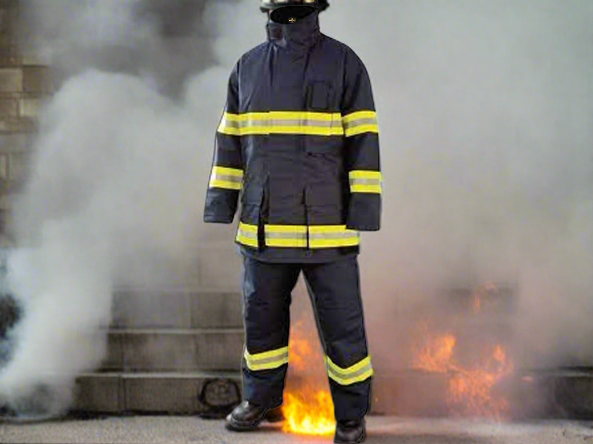 Firefighter uniform with reflective stripes on a white background