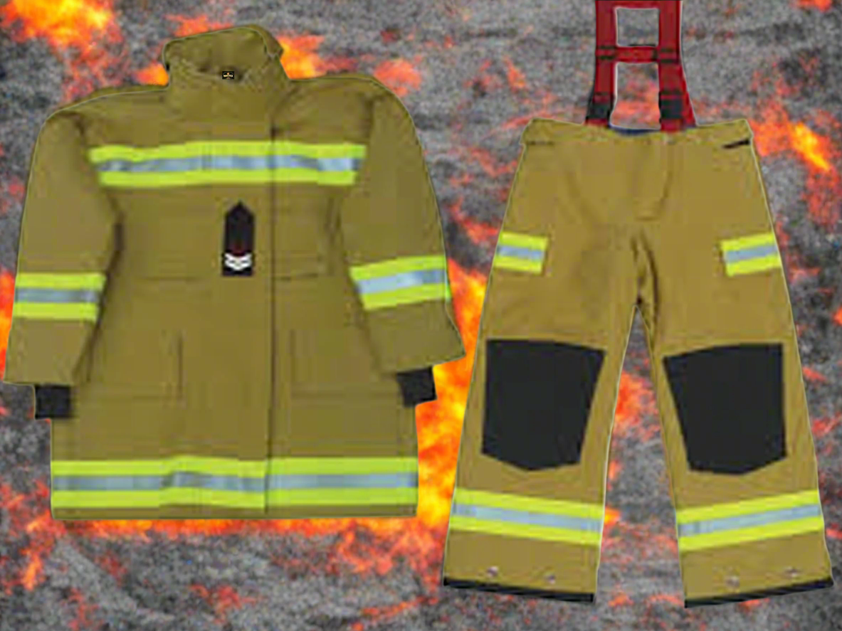 Firefighter uniform with jacket and pants on a white background