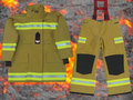 Firefighter uniform with jacket and pants on a white background