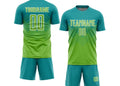 Green sports jersey and shorts set with customizable text on a white background