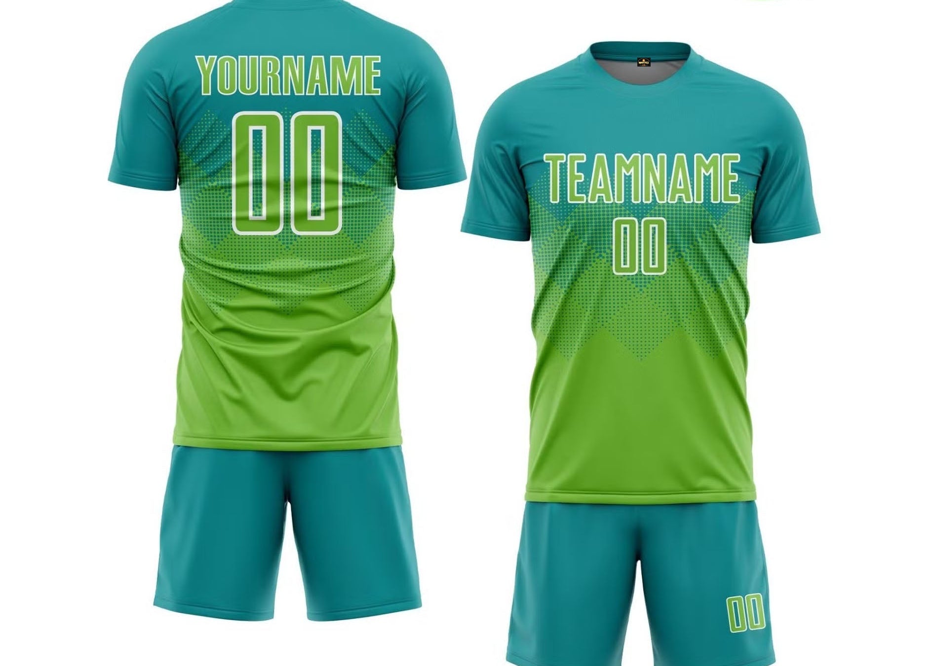 Green sports jersey and shorts set with customizable text on a white background