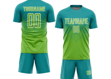 Green sports jersey and shorts set with customizable text on a white background