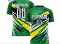 Green sports jersey with abstract design and customizable text on a white background