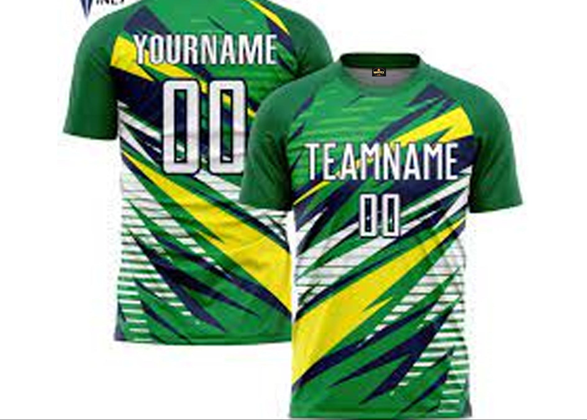 Green sports jersey with abstract design and customizable text on a white background