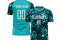 Teal and black sports jersey with customizable text on a white background
