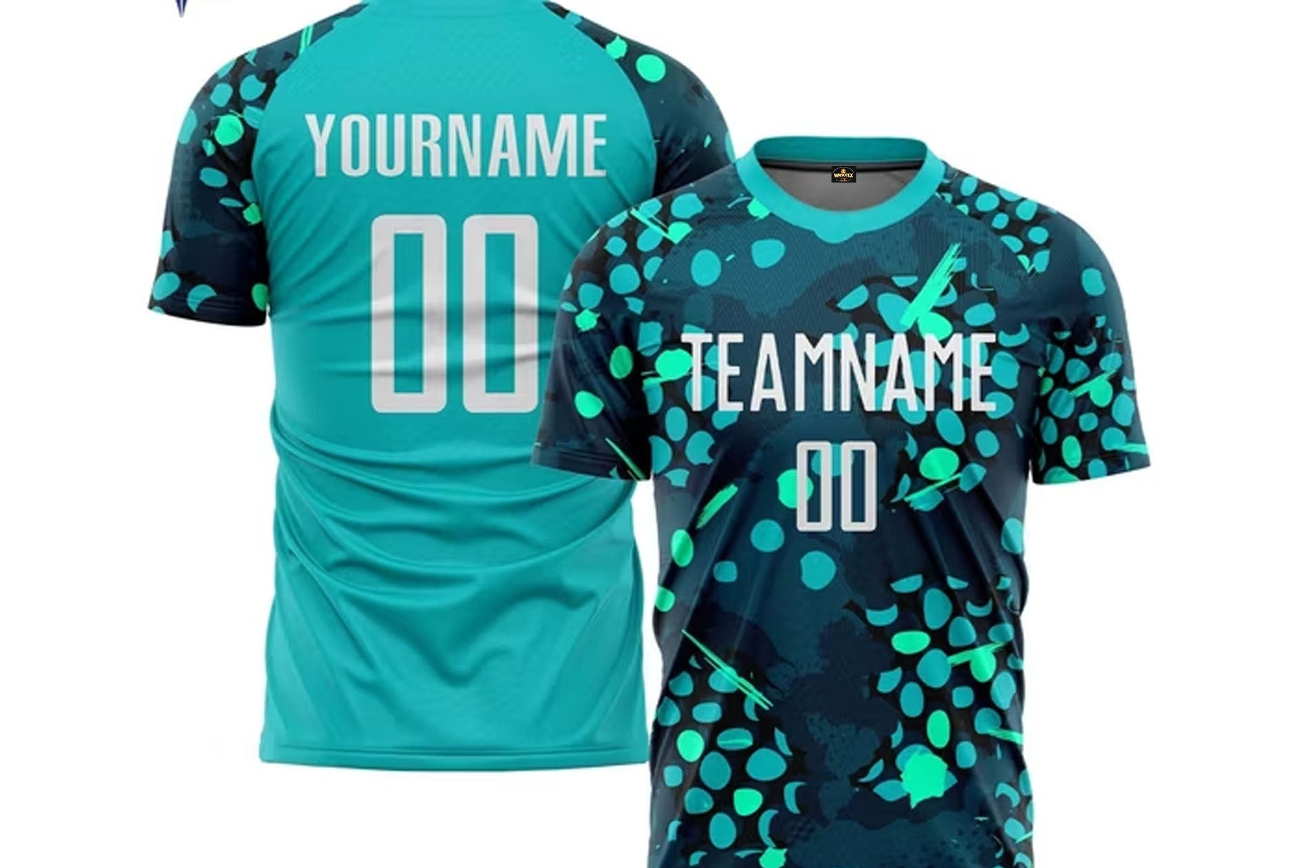 Teal and black sports jersey with customizable text on a white background
