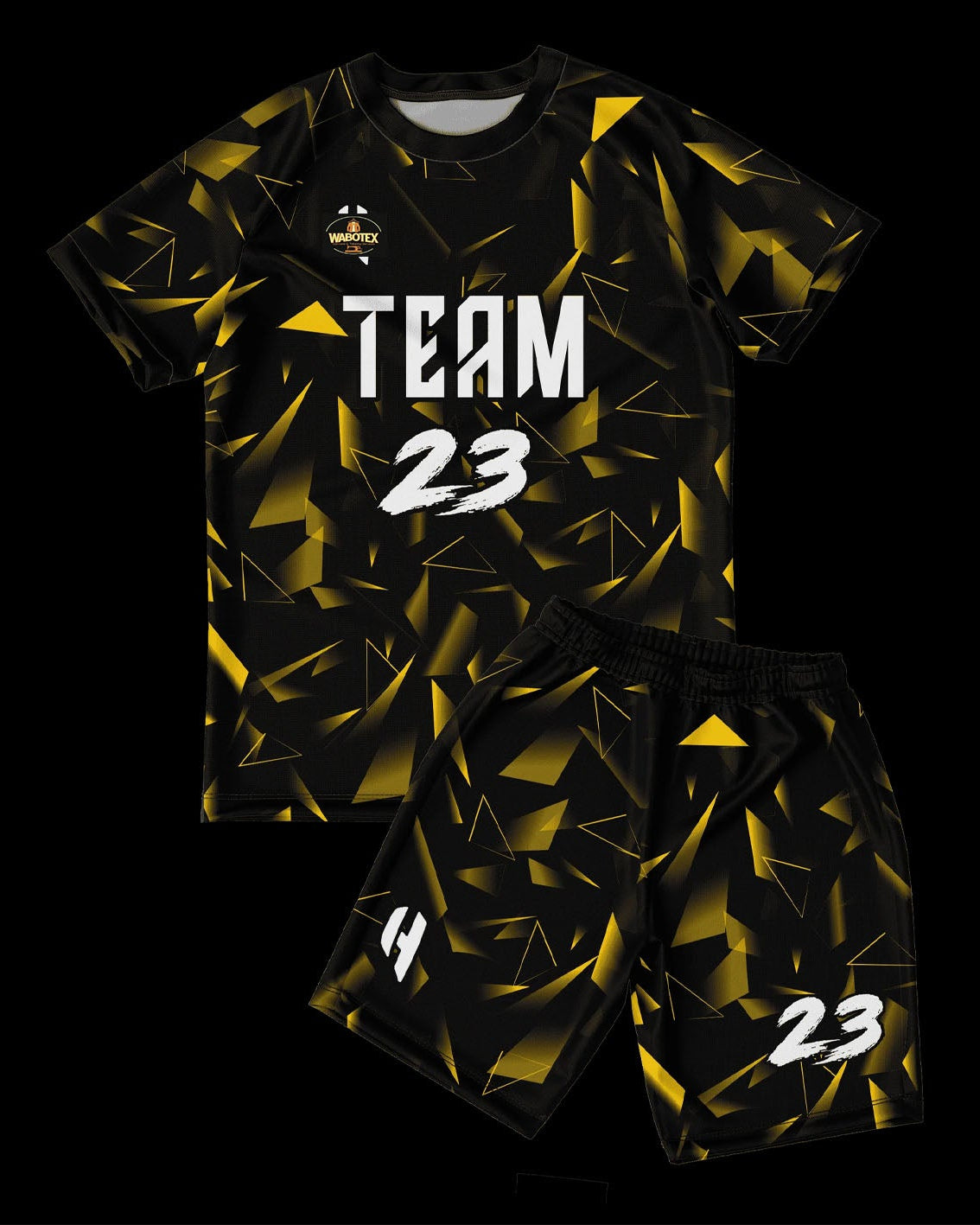 Black and yellow sports jersey and shorts set with 'Team 23' text on a black background