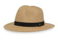 Beige straw hat with a black band on a white background