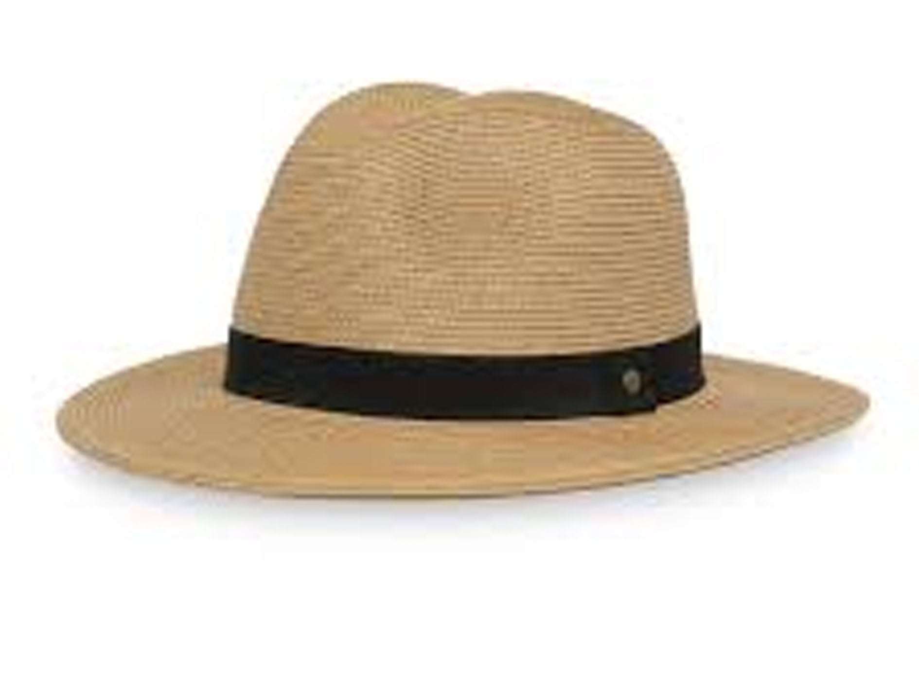 Beige straw hat with a black band on a white background