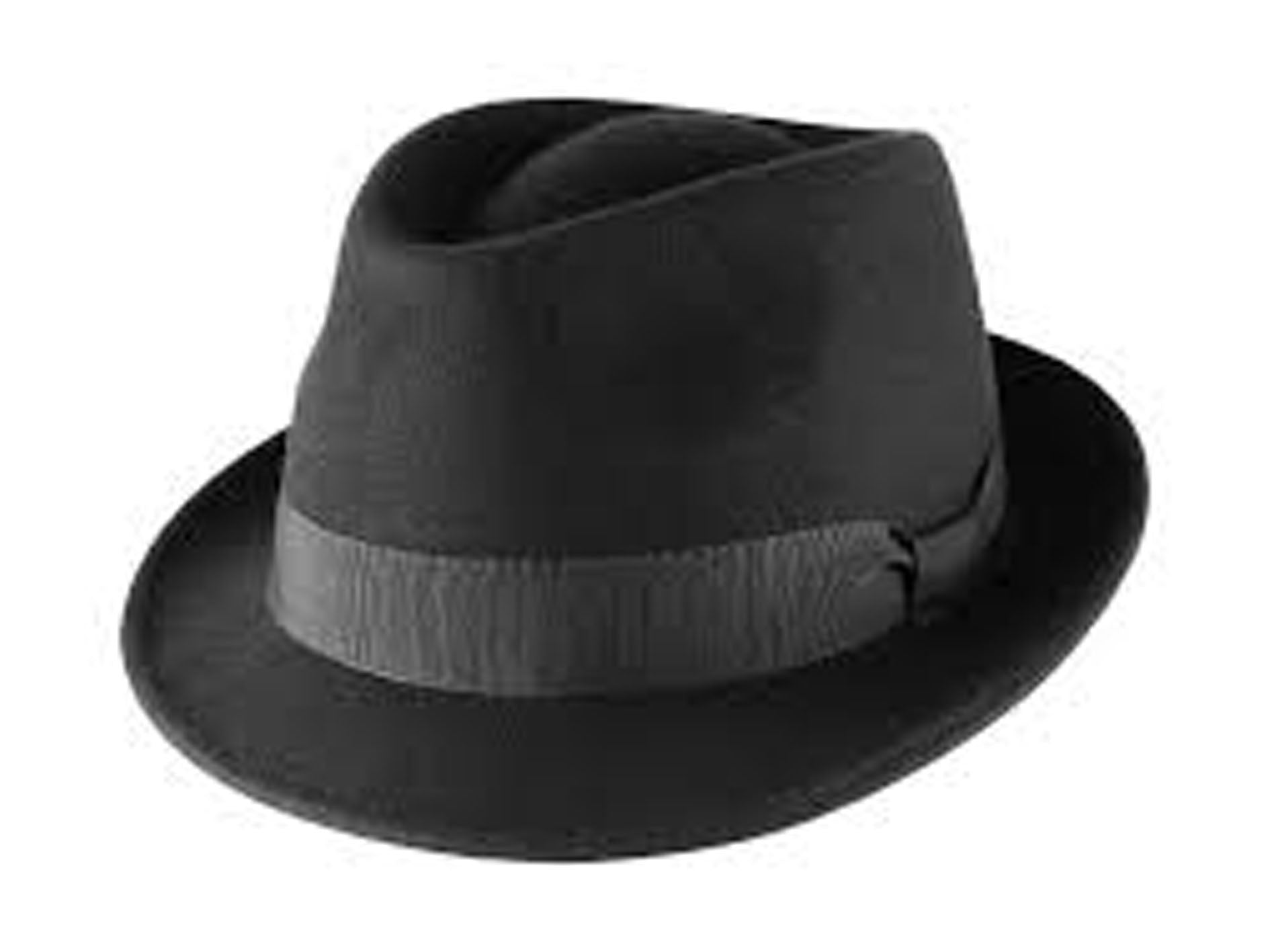 Black fedora hat with a band on a white background