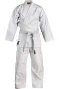 White martial arts gi with a belt on a white background