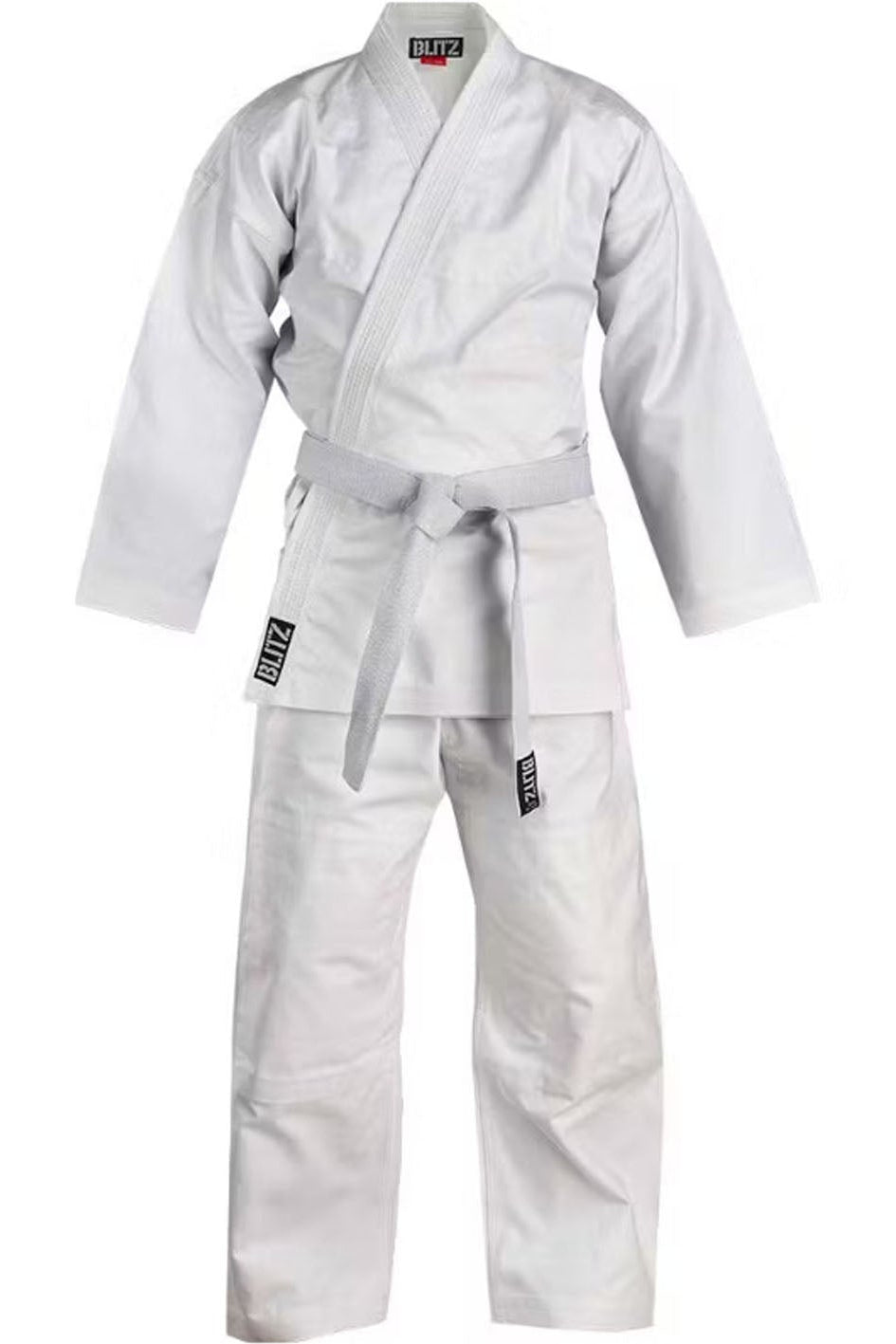 White martial arts gi with a belt on a white background