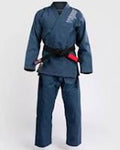 Blue martial arts uniform with a black belt on a white background