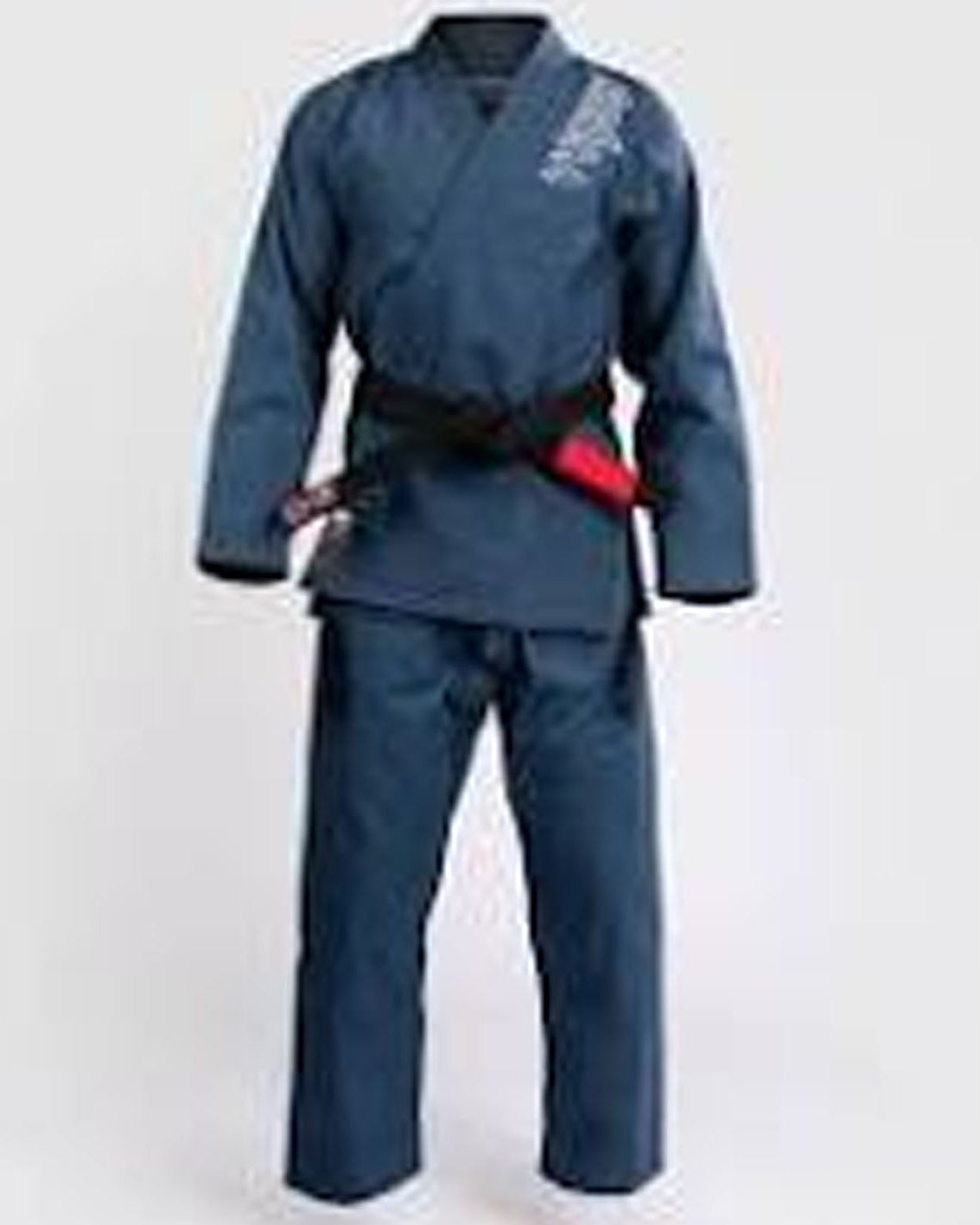 Blue martial arts uniform with a black belt on a white background