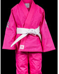 Pink martial arts gi with a white belt on a white background