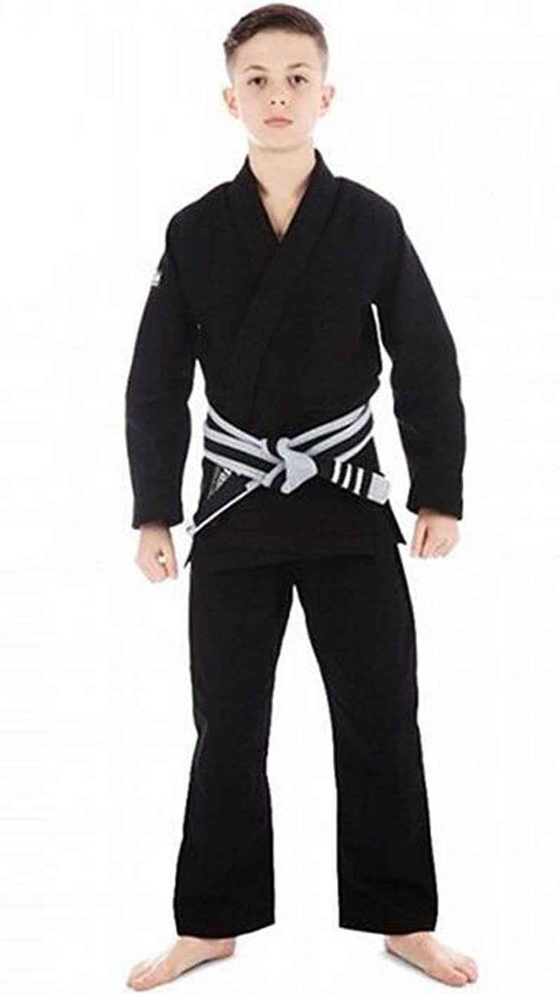 Person wearing a black martial arts uniform on a white background