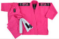 Pink martial arts gi with white and black belts on a white background