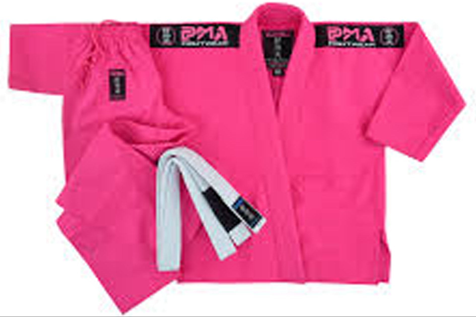 Pink martial arts gi with white and black belts on a white background