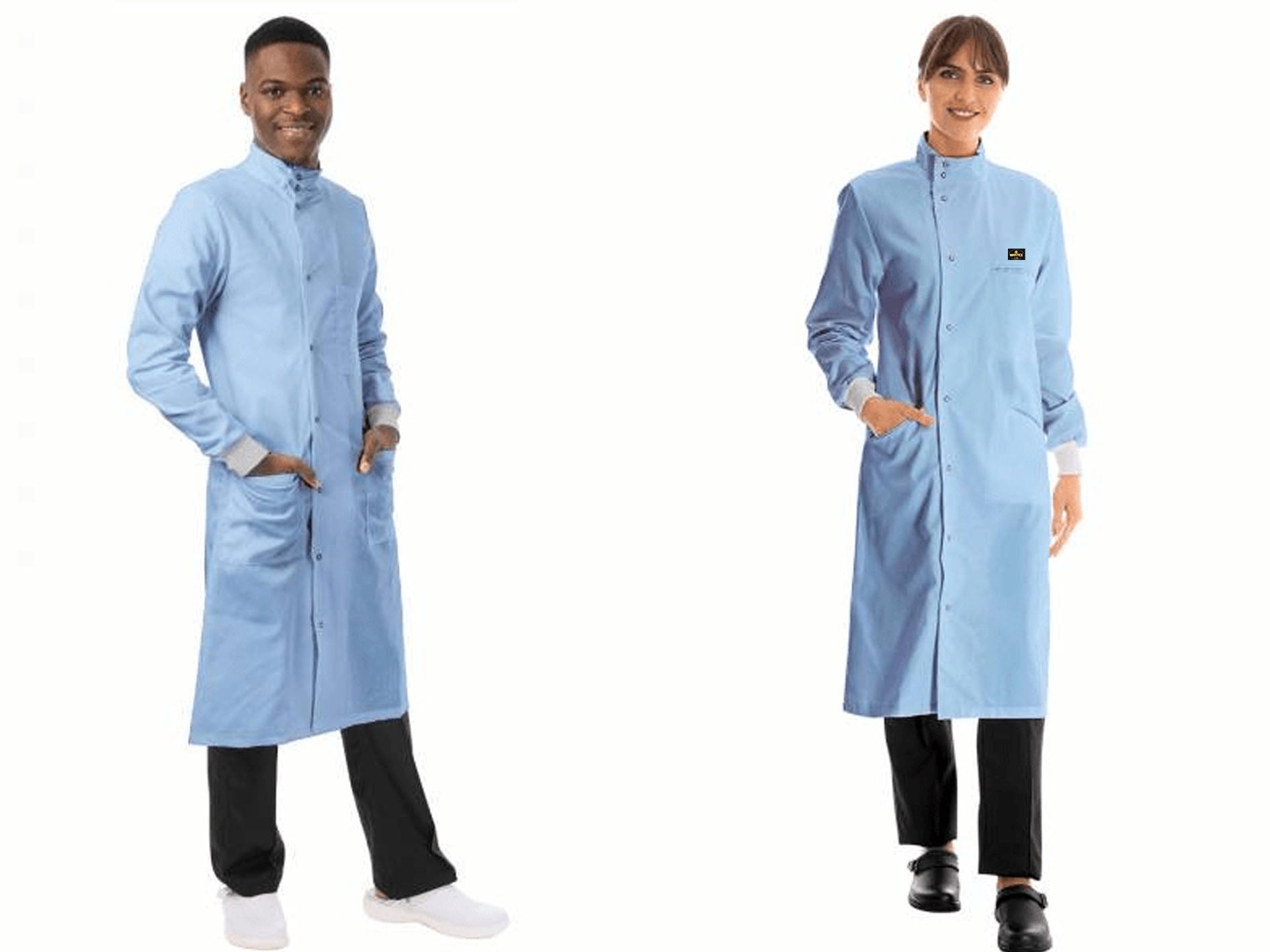 Two people wearing light blue lab coats on a white background