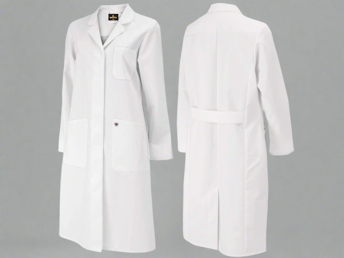 White lab coat shown from front and back on a white background