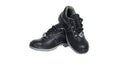 Black safety shoe pair with blue inner and sole on a white background