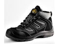 above akle grey and blak safety shoe with white and blak lace on a white backgroun