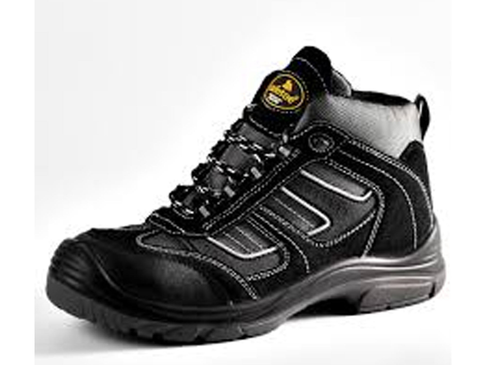 above akle grey and blak safety shoe with white and blak lace on a white backgroun