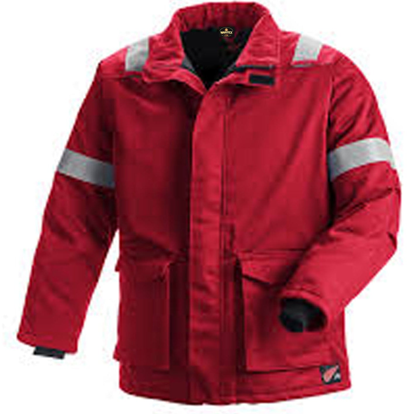 Red jacket with reflective stripes on a white background