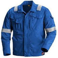 Blue work jacket with reflective stripes on a white background