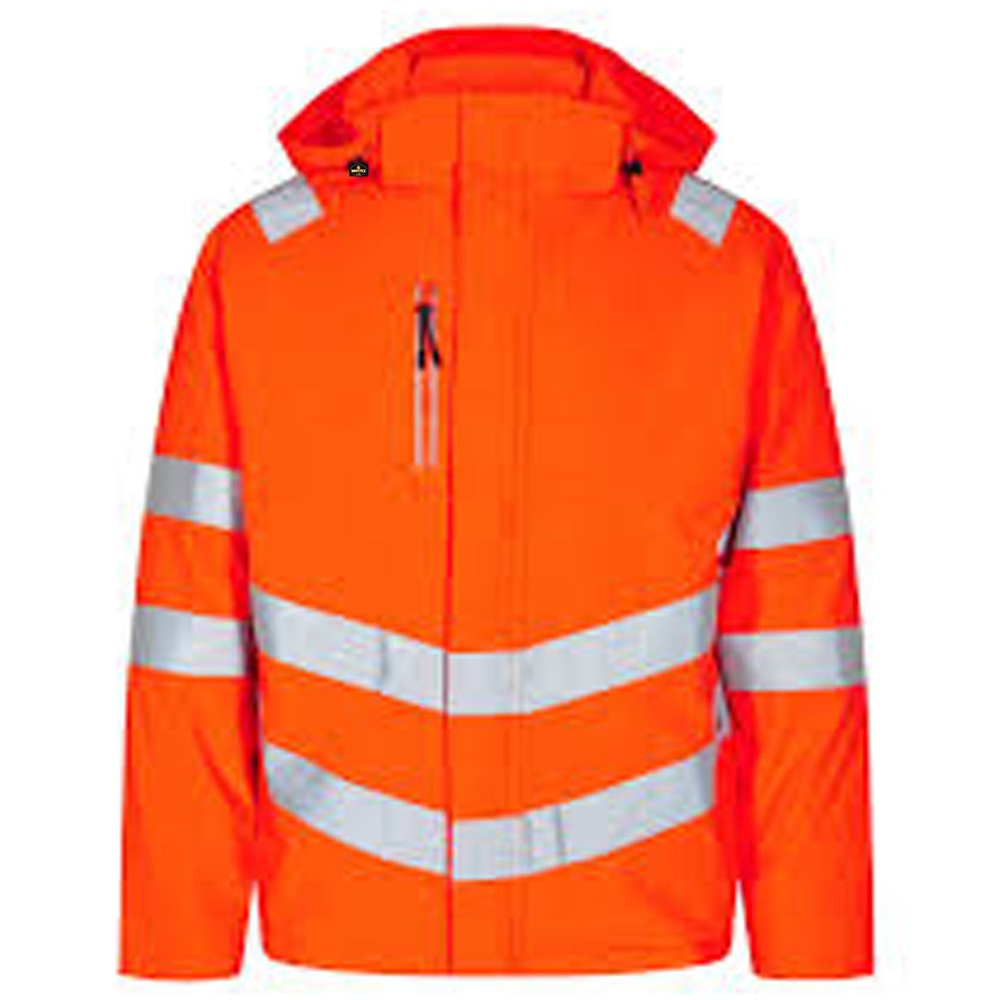 Orange safety jacket with reflective stripes on a white background