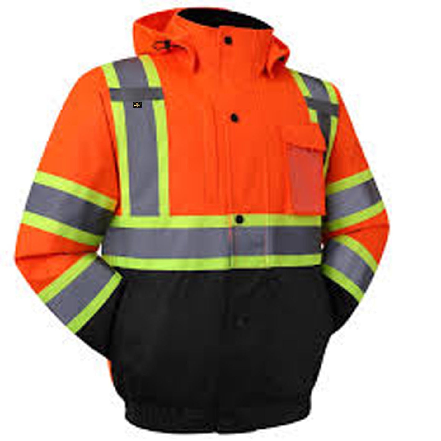 Orange safety jacket with reflective stripes on a white background