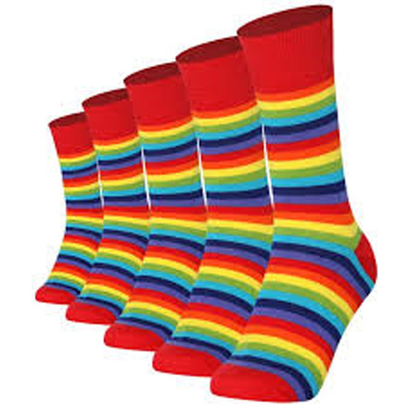 Set of rainbow striped socks with red tops on a white background