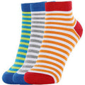 Three pairs of colorful striped socks on a white background