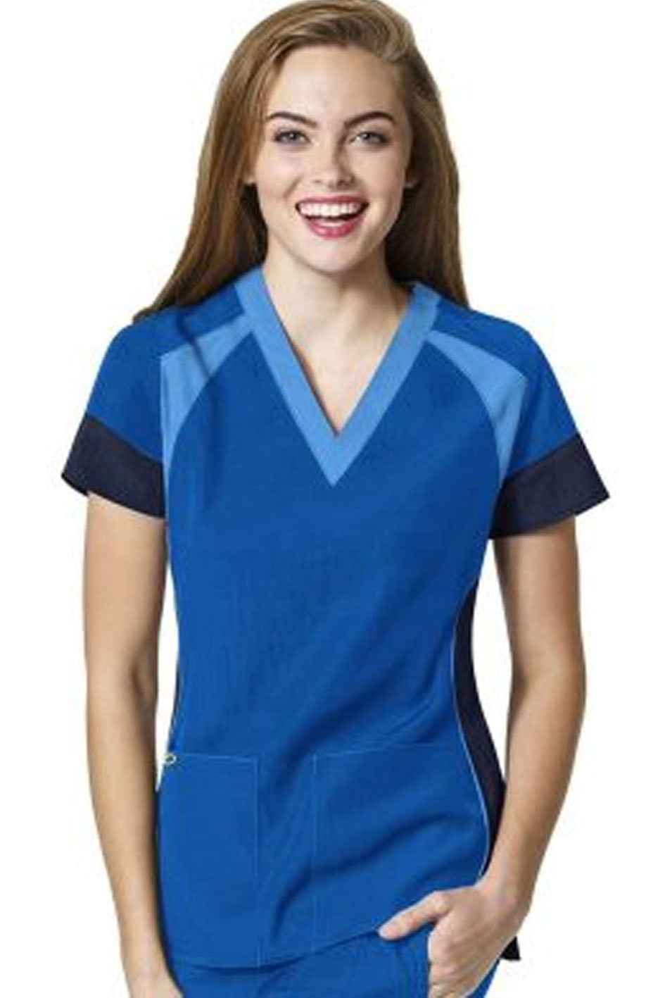Woman wearing a blue and navy scrub top on a white background